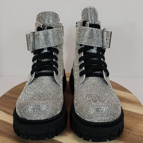 Dolls Kill Hype Status Combat Boots - Silver Rhinestone (Poster Grl) Women's Siz - Picture 3 of 10